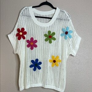 Women’s Ivory White Open-Knit Sweater with Colorful Crochet Flowers Sz XL